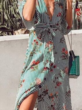 Forever 21 Green and White Striped Floral V-Neck Midi Dress